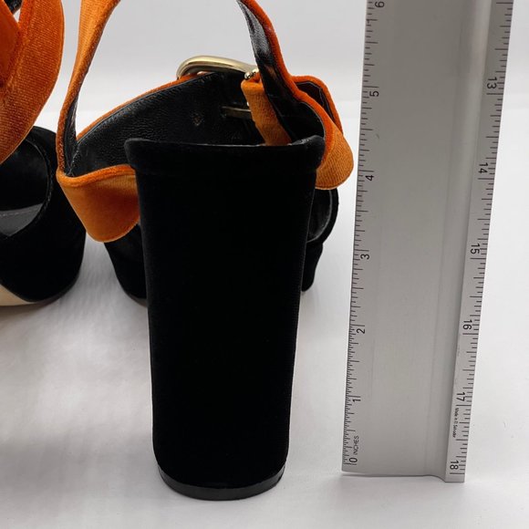 ALBERTO ZAGO VELVET 2-TONE PLATFORM SANDALS, CHUNKY HEELS, BLACK & ORANGE, SZ 39 - Picture 9 of 9